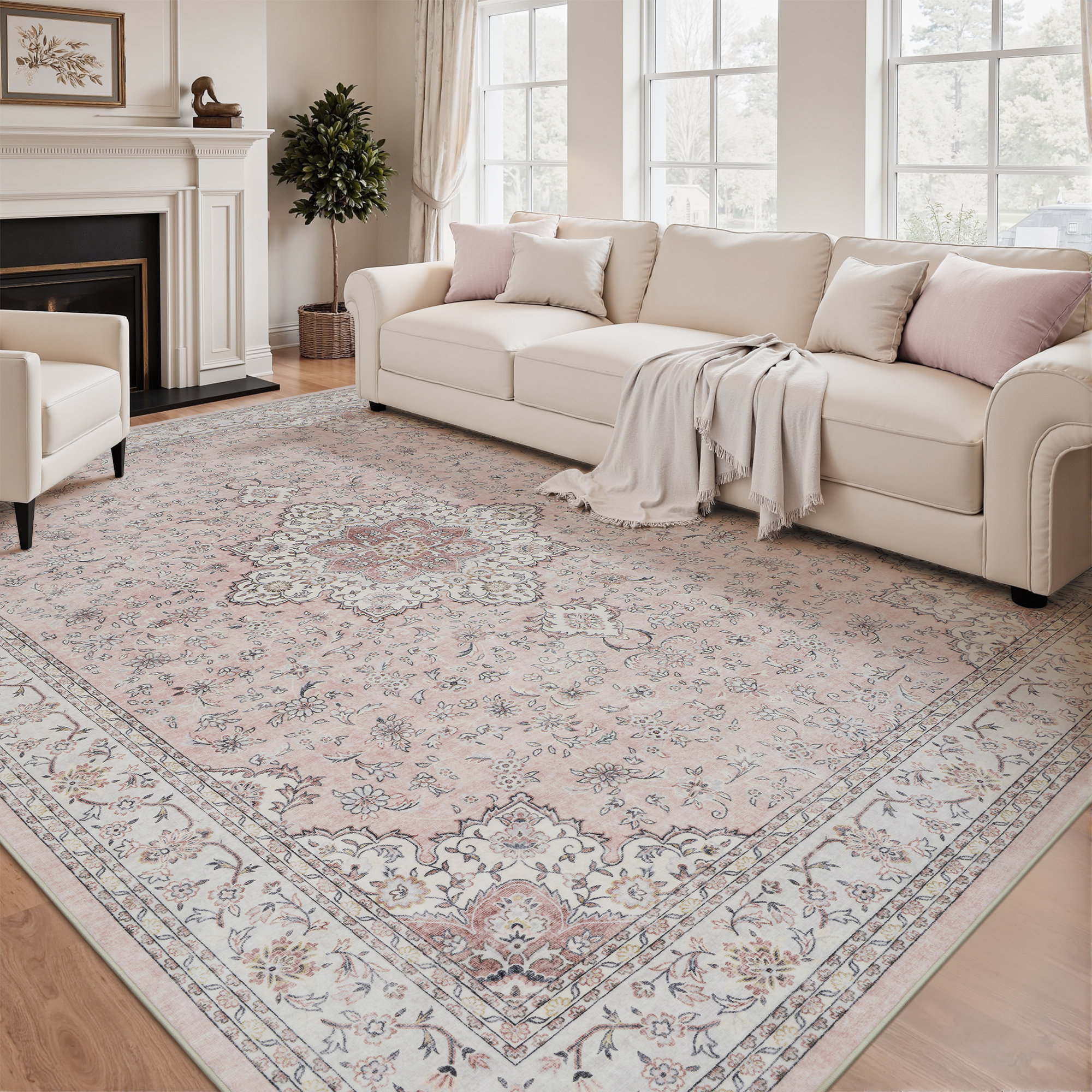 Charlton Home® Floral Blush Non-Slip Washable Area Rug & Reviews